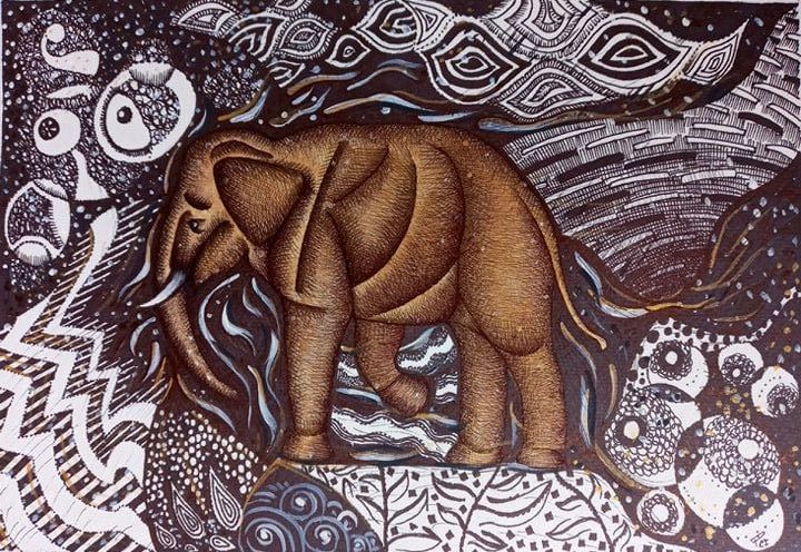 Tekening getiteld "Thai Elephant 1 mix…" door Piyawat Sangkaw, Origineel Kunstwerk, Acryl