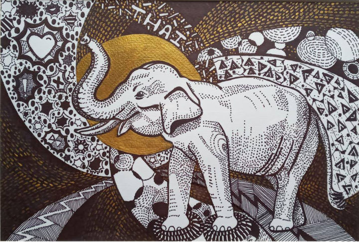Drawing titled "Thai Elephant 3 mix…" by Piyawat Sangkaw, Original Artwork, Acrylic