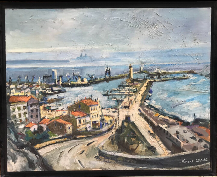 Painting titled ""le port"" by Pizarre, Original Artwork, Oil Mounted on Wood Stretcher frame