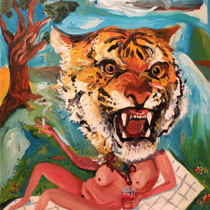 Pintura titulada "Tigre dévorant mada…" por Patrick Jannin, Obra de arte original, Acrílico Montado en Bastidor de camilla d…