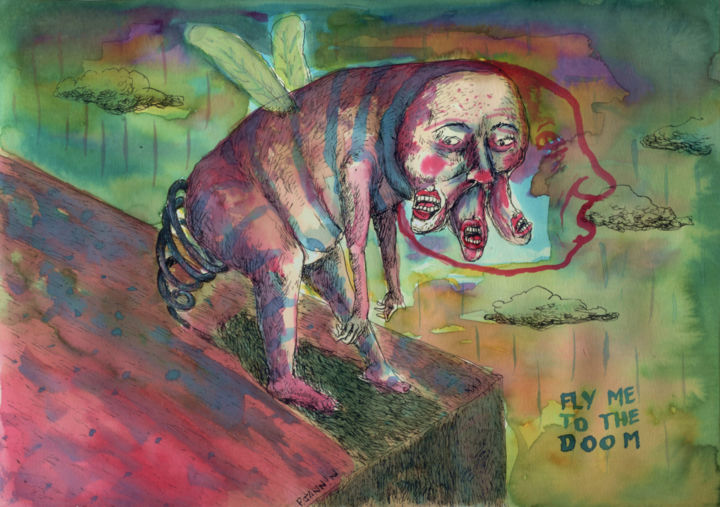 Рисунок под названием "Fly Me To The Doom" - Patrick Jannin, Подлинное произведение искусства, Чернила