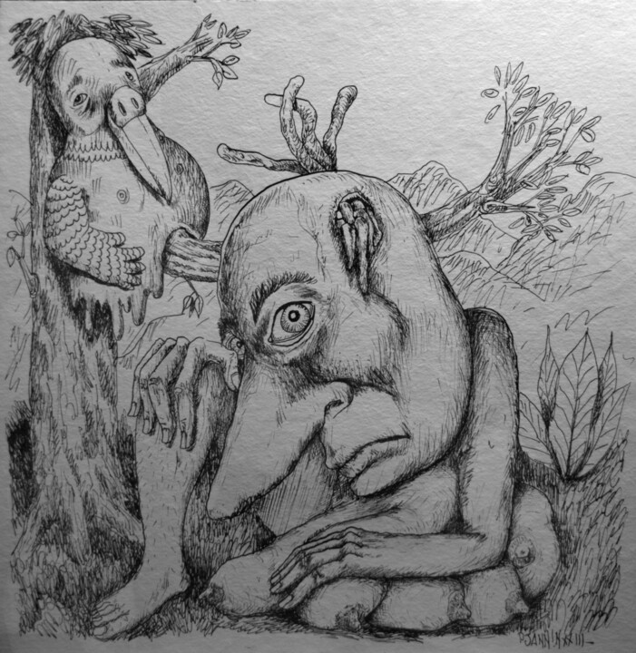 Drawing titled "Fables" by Patrick Jannin, Original Artwork, Ink