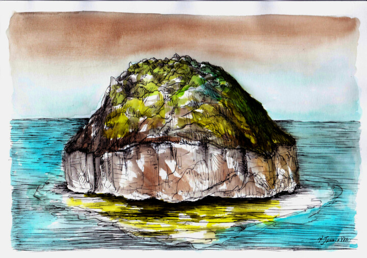 Dibujo titulada "(une île) - Exil" por Patrick Jannin, Obra de arte original, Tinta