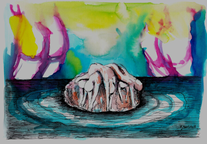 Dessin intitulée "(une île) - Fossiles" par Patrick Jannin, Œuvre d'art originale, Encre