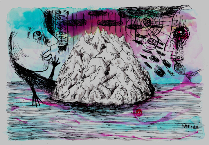Dessin intitulée "(une île) - Mirages" par Patrick Jannin, Œuvre d'art originale, Encre