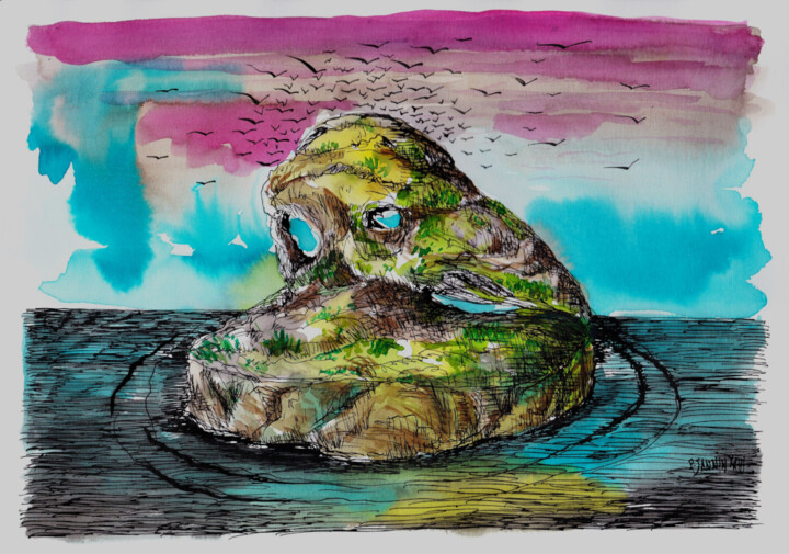 Dessin intitulée "(une île) - Corbe" par Patrick Jannin, Œuvre d'art originale, Encre