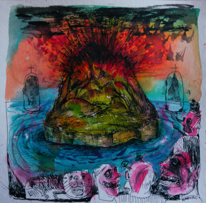Dessin intitulée "(une île) - Pacifiq…" par Patrick Jannin, Œuvre d'art originale, Encre