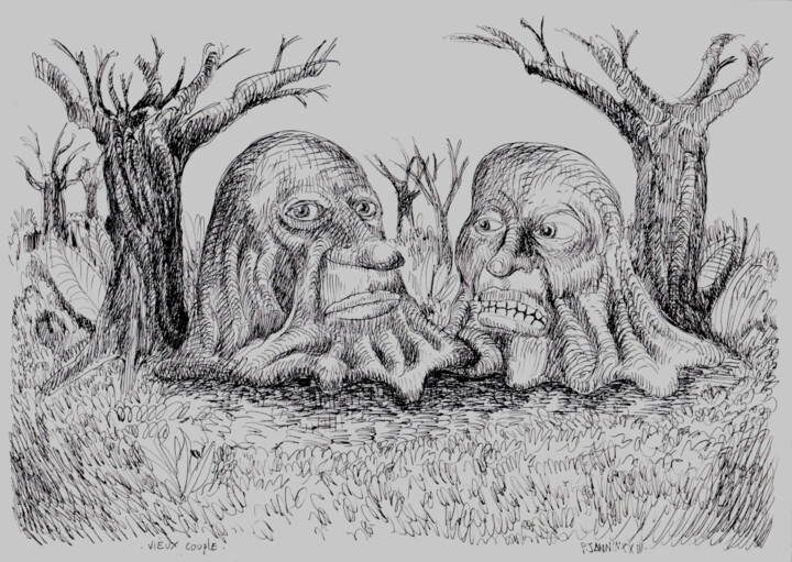 Drawing titled "Vieux couple" by Patrick Jannin, Original Artwork, Ink