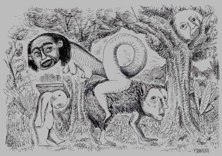 Disegno intitolato "La marche des tordus" da Patrick Jannin, Opera d'arte originale, Inchiostro