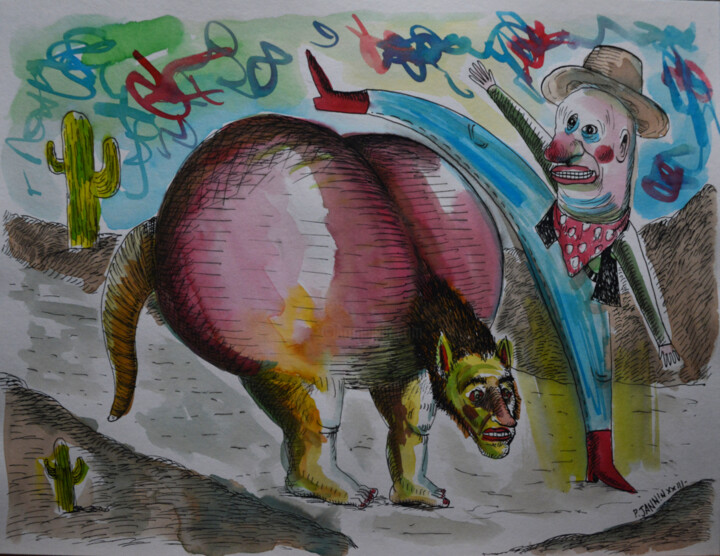 Dibujo titulada "Cow boy et loup gar…" por Patrick Jannin, Obra de arte original, Tinta