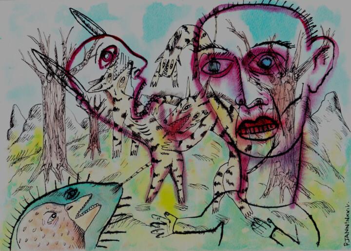 Dessin intitulée "La chasse" par Patrick Jannin, Œuvre d'art originale, Encre