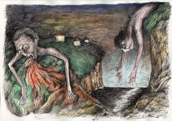 Zeichnungen mit dem Titel "Quand la nuit tombe" von Patrick Jannin, Original-Kunstwerk