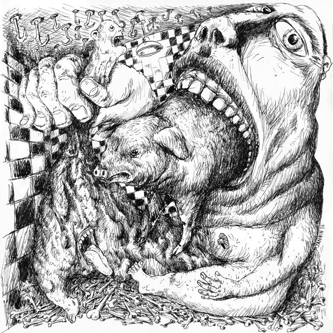 「Abattoirs - Le Porc」というタイトルの描画 Patrick Janninによって, オリジナルのアートワーク, インク