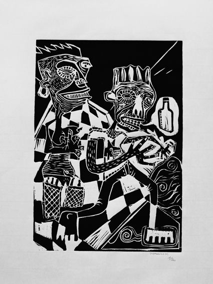 Printmaking titled "Boire !" by Patrick Jannin, Original Artwork, Linocuts