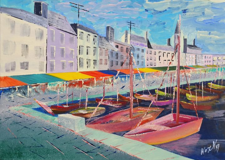 Painting titled "Honfleur 2019" by Pascal Koza, Original Artwork, Acrylic Mounted on Wood Stretcher frame