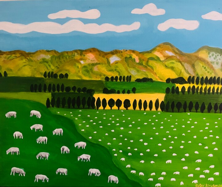 Painting titled "Happy Sheep, Centra…" by Peter Kruger, Original Artwork, Acrylic