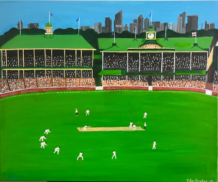 Schilderij getiteld "Cricket Match" door Peter Kruger, Origineel Kunstwerk, Acryl