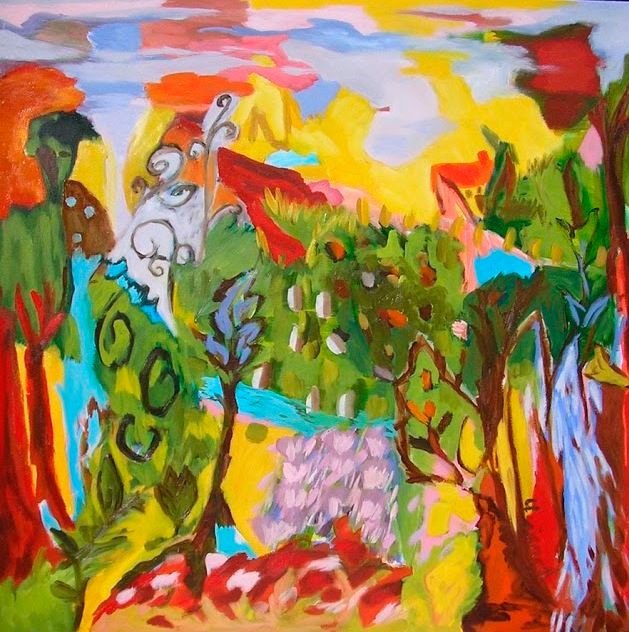 Painting titled "paysage avec jardin" by Claire Picard, Original Artwork, Acrylic