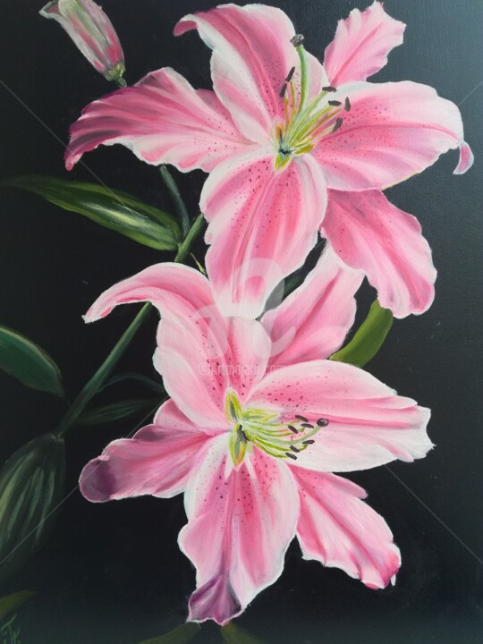 Painting titled "LILIES, OIL PAINTIN…" by Plakhotnyk Nataliia, Original Artwork, Oil