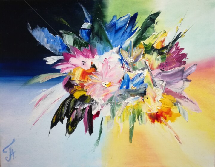 Painting titled "Flowers, Abstract,…" by Plakhotnyk Nataliia, Original Artwork, Oil