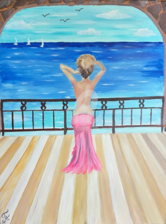 Painting titled "A girl on the balco…" by Plakhotnyk Nataliia, Original Artwork, Oil