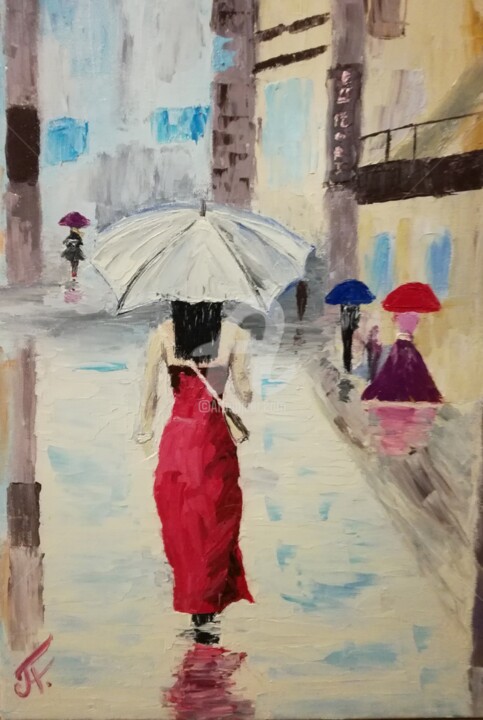 Painting titled "A woman in red, Urb…" by Plakhotnyk Nataliia, Original Artwork, Oil