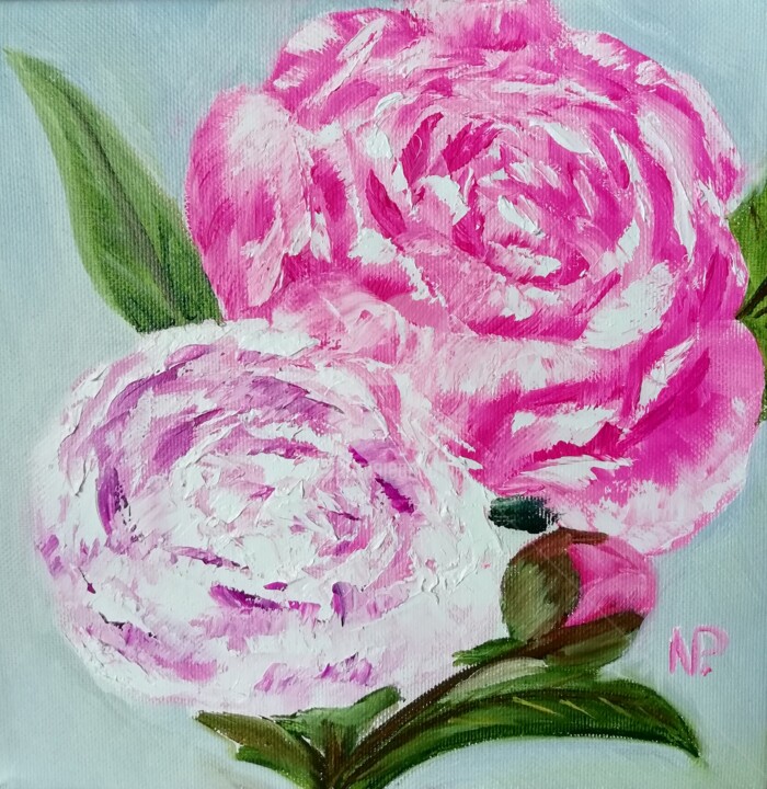 Painting titled "Peonies for her" by Plakhotnyk Nataliia, Original Artwork, Oil
