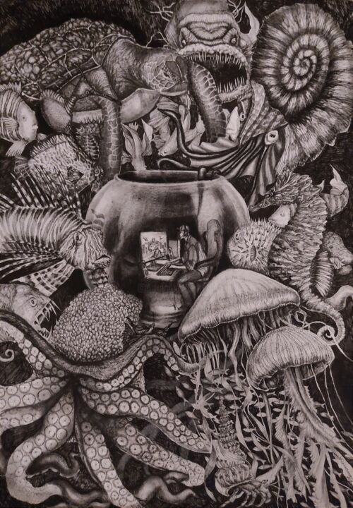 Dessin intitulée "L'Aquarium" par Plamnah, Œuvre d'art originale, Marqueur