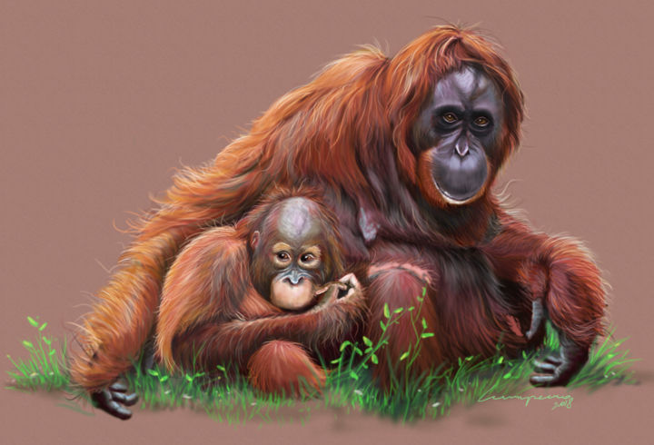 Digital Arts titled "Orang-outang Family…" by Pascal Lampecco, Original Artwork, Digital Painting
