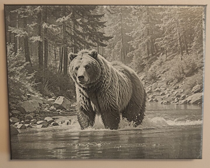 Printmaking titled "Baignade du grizzly" by Planète Du Jeu, Original Artwork, AI generated image Mounted on Wood Stretcher f…