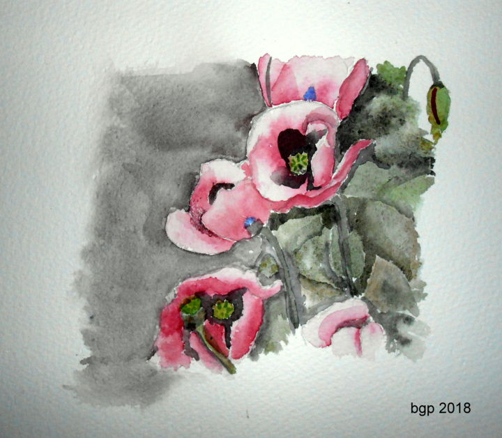 Painting titled "Pavots" by Bernadette Grelier, Original Artwork, Watercolor