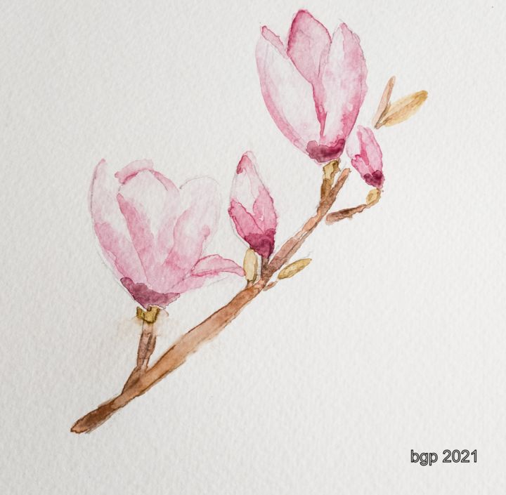 Картина под названием "Magnolia" - Bernadette Grelier, Подлинное произведение искусства, Акварель