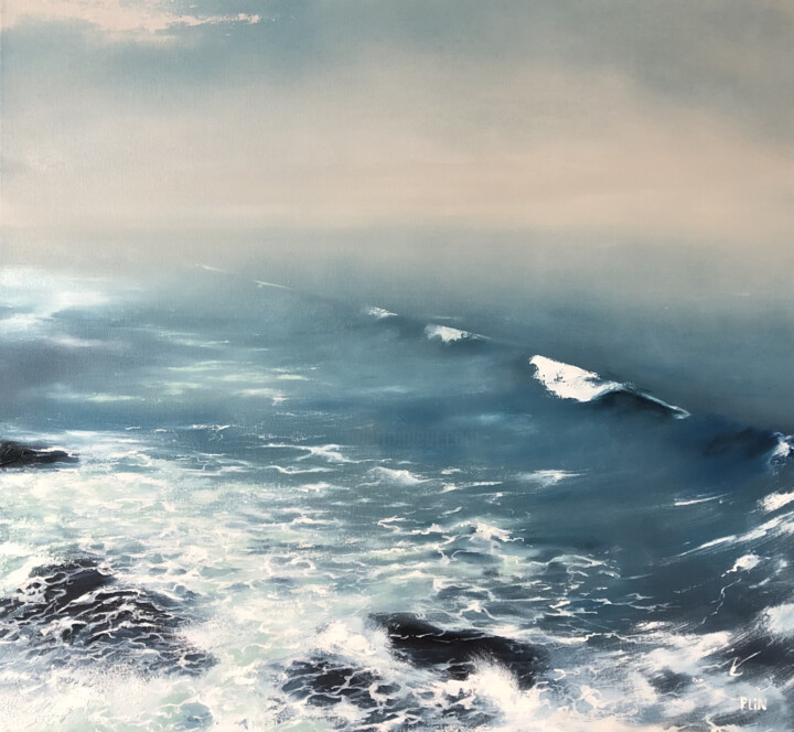 Painting titled "Fog in the ocean oi…" by Polina Kupriianova, Original Artwork, Oil Mounted on Wood Stretcher frame