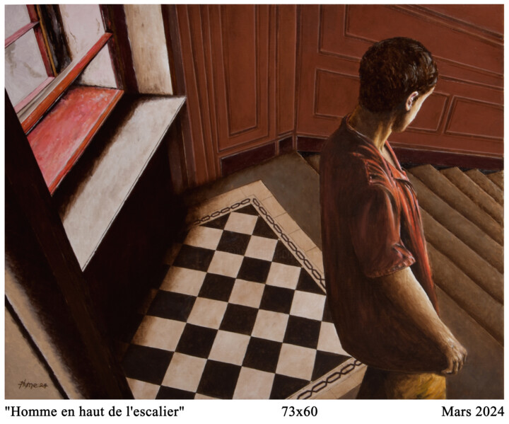 Painting titled "Homme en haut de l'…" by Plumerand Frédéric, Original Artwork, Oil Mounted on Wood Stretcher frame