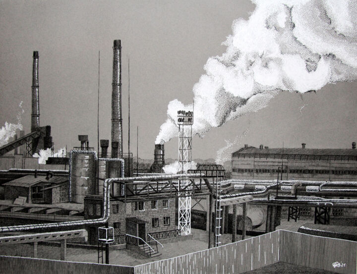 「Фабрика по производ…」というタイトルの描画 Ksenia Dudkinaによって, オリジナルのアートワーク, ジェルペン アルミニウムにマウント