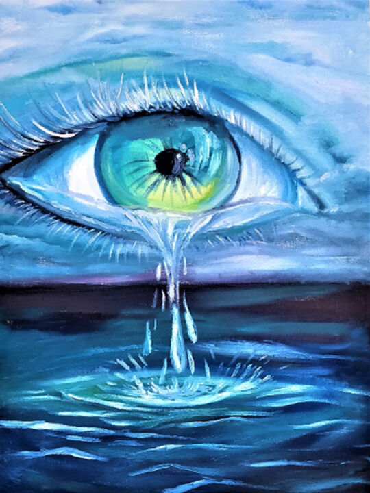 Painting titled "Crying sky painting…" by Prosto Nastasya, Original Artwork, Oil Mounted on Wood Stretcher frame
