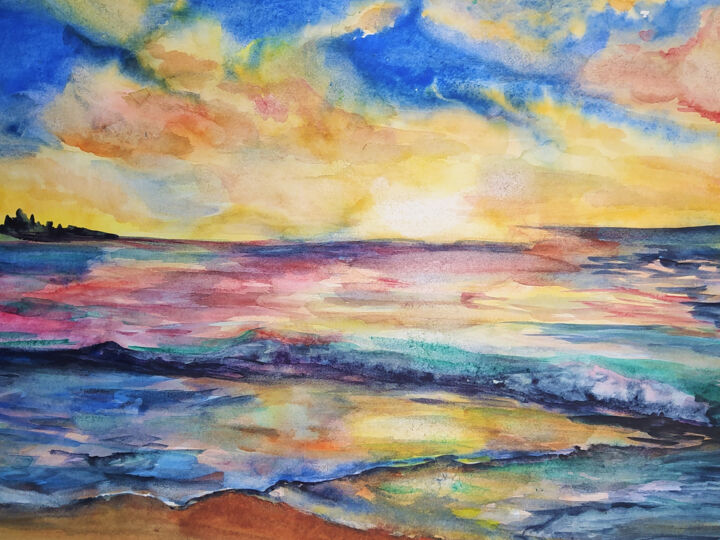 Картина под названием "Sea lanscape painti…" - Prosto Nastasya, Подлинное произведение искусства, Акварель