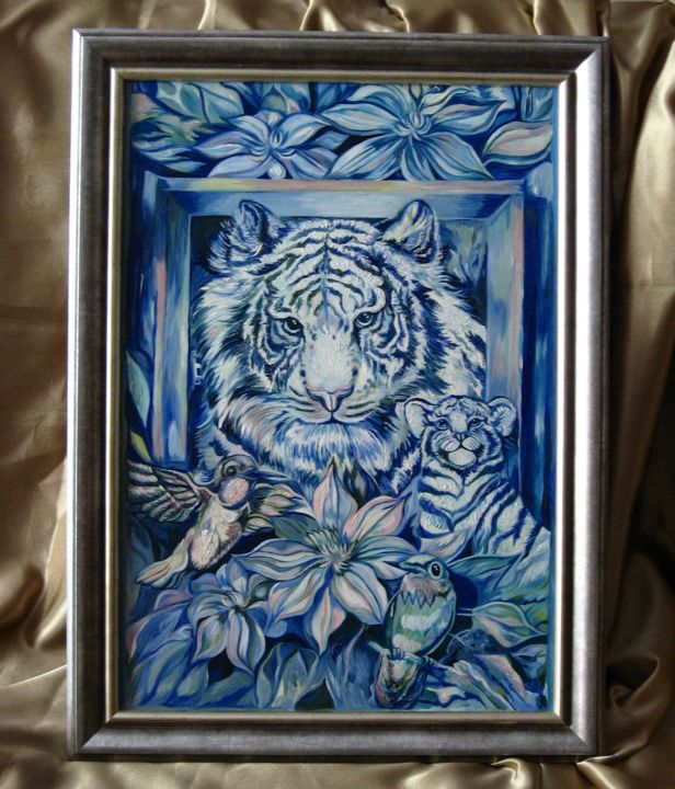 Картина под названием "Тигр." - Helen Arts, Подлинное произведение искусства, Масло