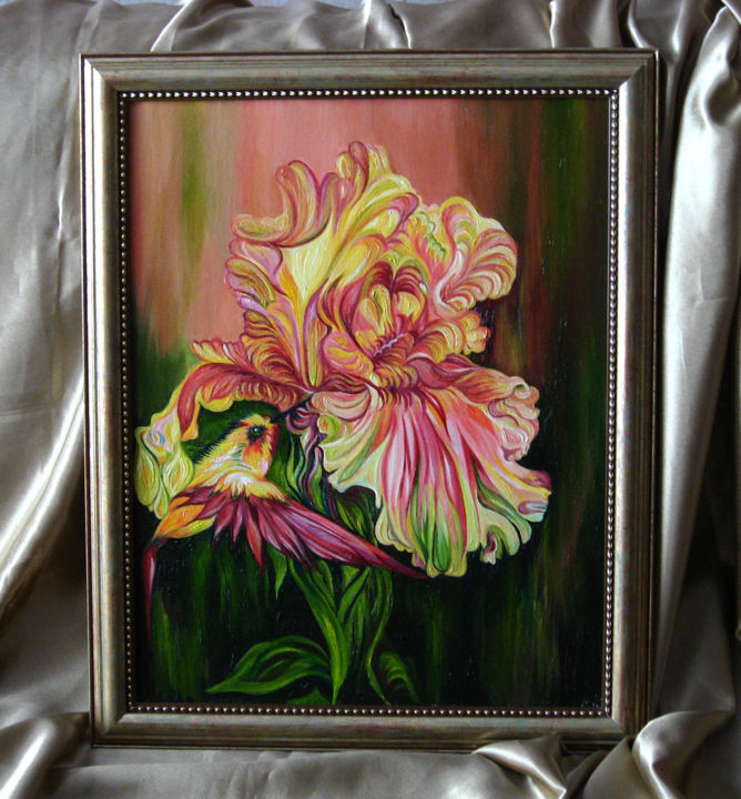 Картина под названием "Коллибри и цветок." - Helen Arts, Подлинное произведение искусства, Масло