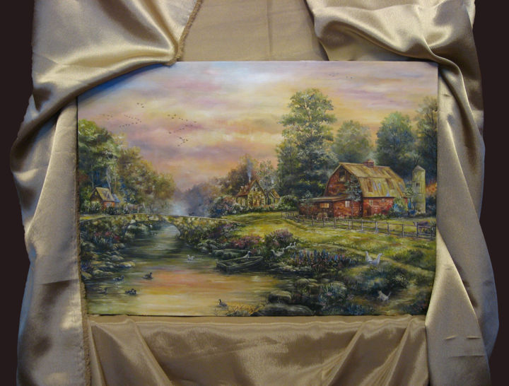 Картина под названием "Дом в лесу." - Helen Arts, Подлинное произведение искусства, Масло