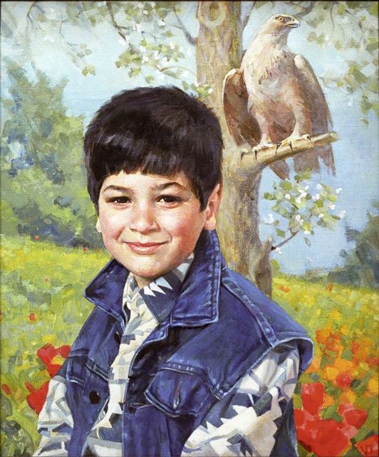 Картина под названием "мальчик с орлом" - Ivan Podgainyi, Подлинное произведение искусства, Масло