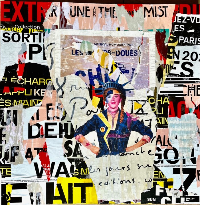Collages getiteld "Héroïne" door Podkol, Origineel Kunstwerk, Collages Gemonteerd op Frame voor houten brancard