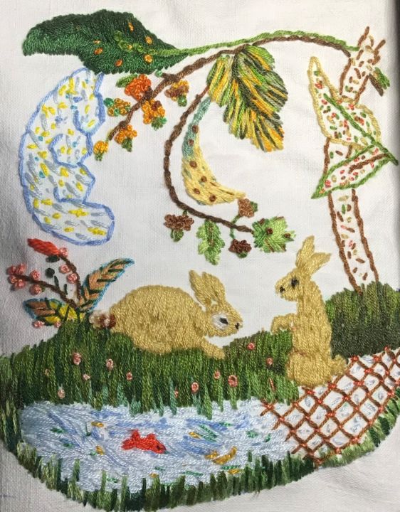 Art textile intitulée "Petits lapins" par Lisette, Œuvre d'art originale, Broderie Monté sur Autre panneau rigide