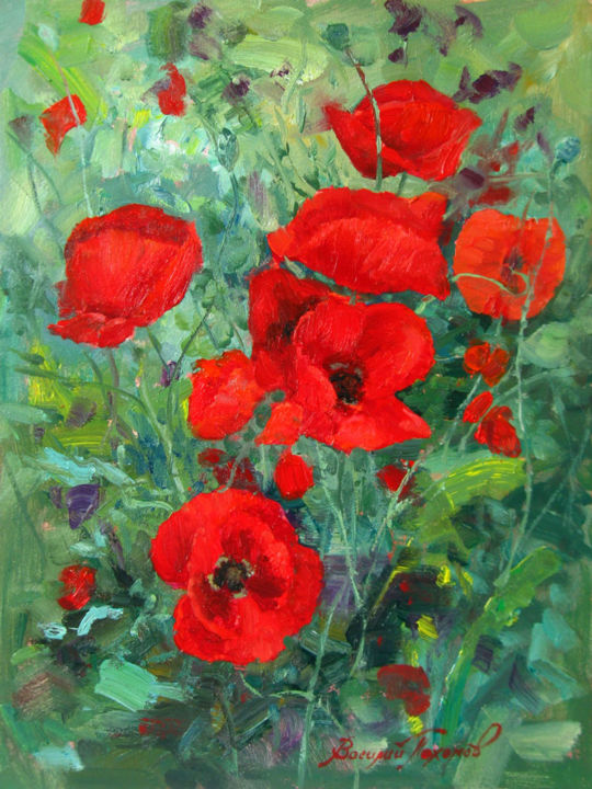 Pintura titulada "Poppies in cloudy w…" por Vasiliy Pohomov, Obra de arte original, Oleo