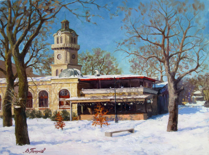 Malerei mit dem Titel ""Winter in the City"" von Vasiliy Pohomov, Original-Kunstwerk, Öl