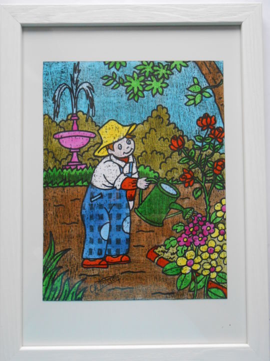 Peinture intitulée ""Le Jardinier"" par Christiane Poisson, Œuvre d'art originale, Autre