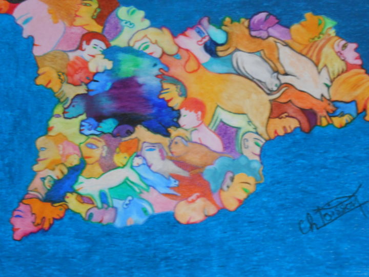 Drawing titled "Continents habités…" by Christiane Poisson, Original Artwork, Chalk