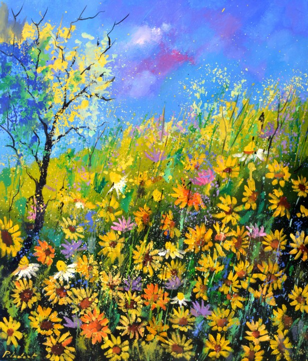 Painting titled "Yellow daisies" by Pol Ledent, Original Artwork, Oil Mounted on Wood Stretcher frame
