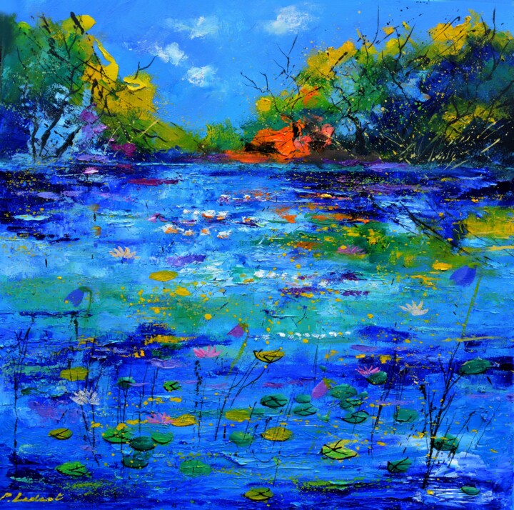Painting titled "Blue pond" by Pol Ledent, Original Artwork, Oil Mounted on Wood Stretcher frame