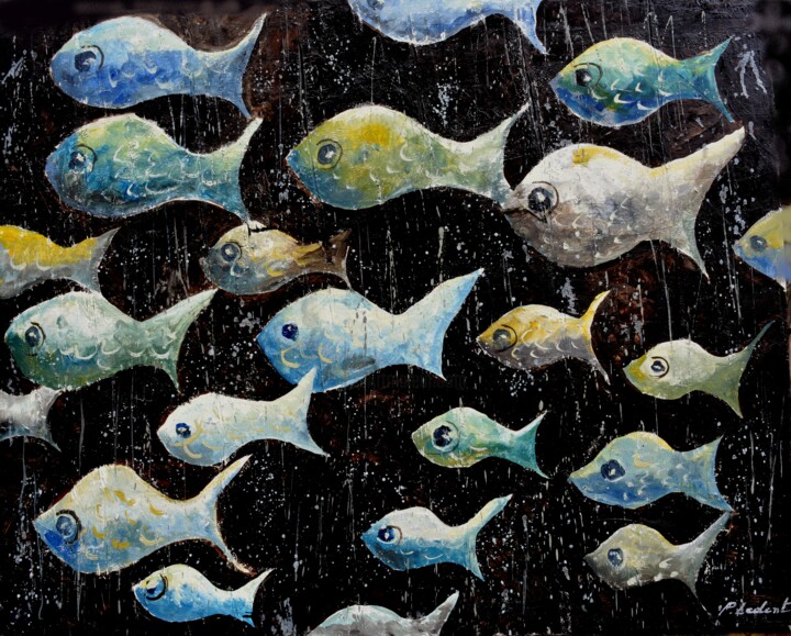 Pittura intitolato "Fish band on the run" da Pol Ledent, Opera d'arte originale, Olio Montato su Telaio per barella in legno